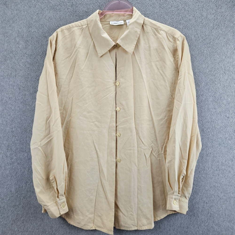 WEATHERVANE Button Up Women M Tan Silk Long Sleeve Solid Minimalist Classic